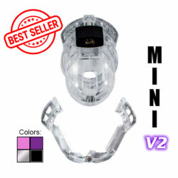 The Vice Mini v2 Small Chastity Cage in clear plastic seen from the front