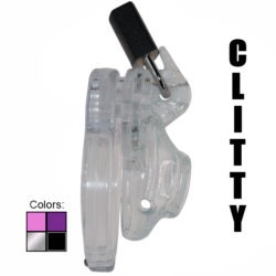 The Vice Clitty micro chastity cage seen from the side in clear plastic