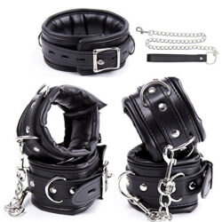 6 piece locking leather restraint kit featuring a chain leash and padded leather cuffs