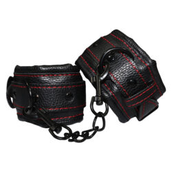 genuine leather cuffs restraints in all black with red stitching