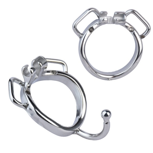 curved chastity ring with strap anchor and hook front and tilted view